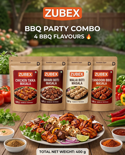 ZUBEX BBQ Party Combo – 4-in-1 BBQ Masala | Chicken Tikka, Bihari Boti, Malai Boti & Tandoori | 400g – for 20 KG Chicken